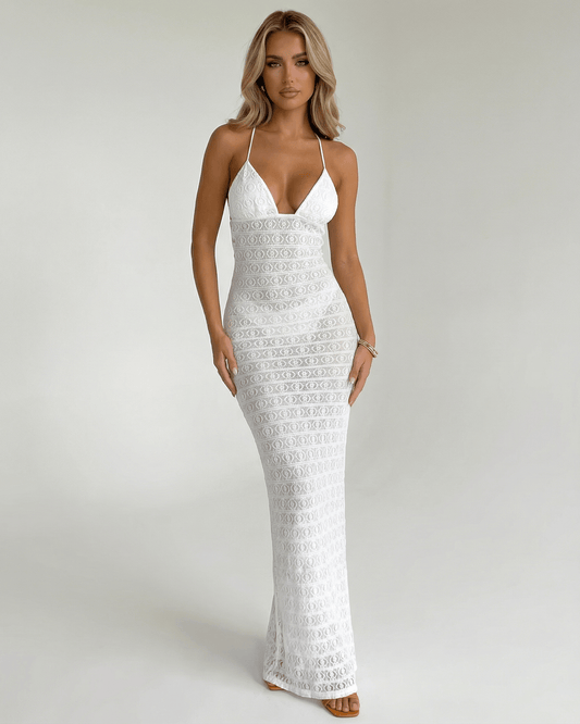 Teva Maxi Dress: Elegant white ankle-length dress with lace detailing, V neck, perfect for sophisticated occasions by RAMBLION.