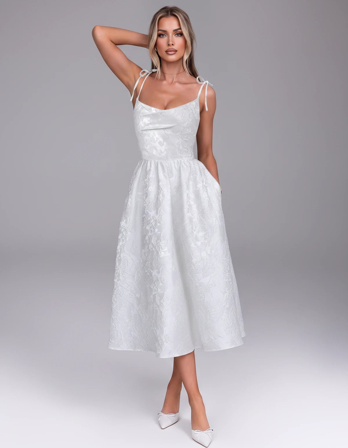 Thessaly Midi Dresses — White | SKU: RB-c62e2e-white-2,RB-c62e2e-white-4,RB-c62e2e-white-6,RB-c62e2e-white-8,RB-c62e2e-white-10,RB-c62e2e-white-12,RB-c62e2e-white-14,RB-c62e2e-white-16,RB-c62e2e-white-16W,RB-c62e2e-white-18W,RB-c62e2e-white-20W,RB-c62e2e-white-22W