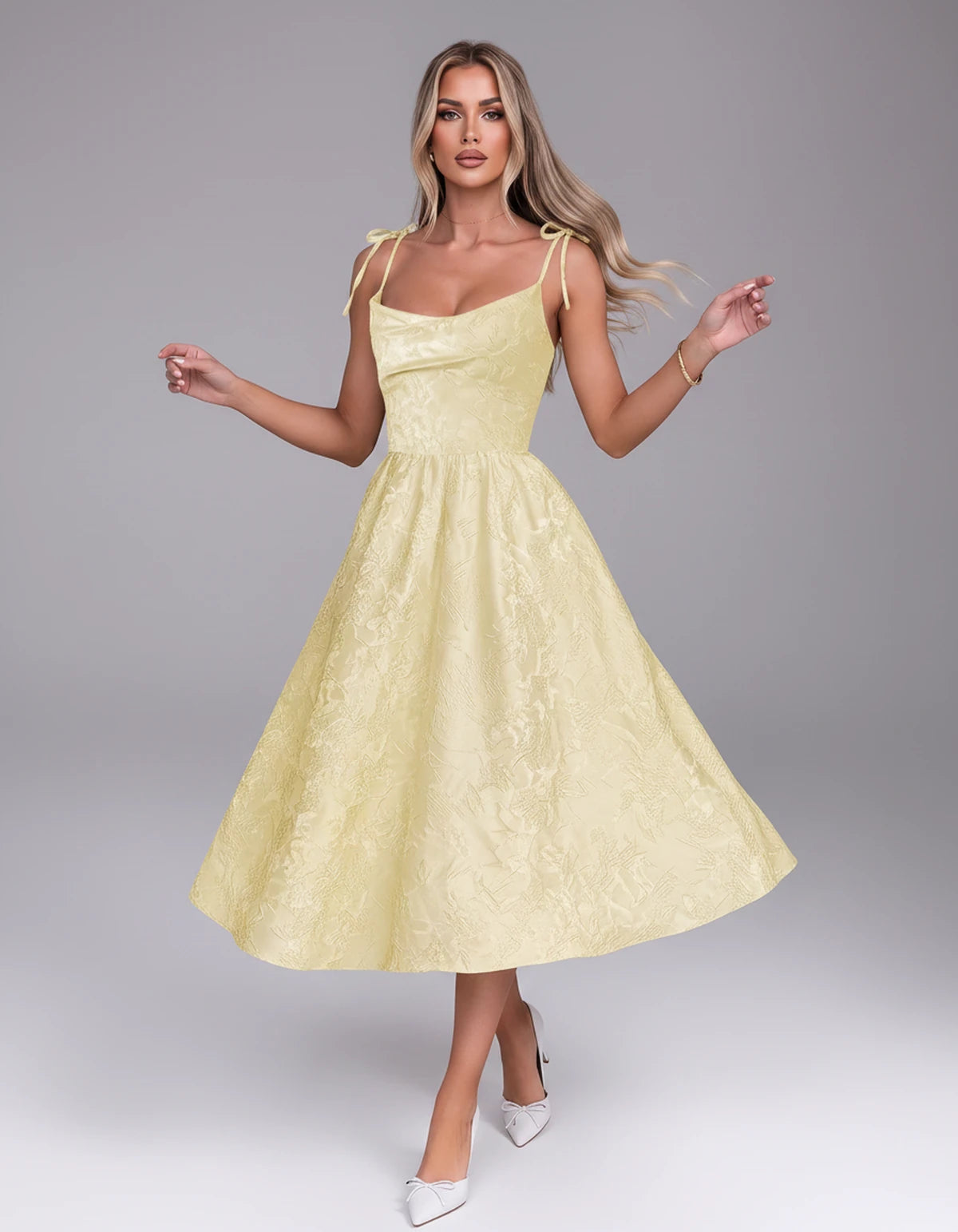 Thessaly Midi Dresses — Yellow | SKU: RB-c62e2e-yellow-2,RB-c62e2e-yellow-4,RB-c62e2e-yellow-6,RB-c62e2e-yellow-8,RB-c62e2e-yellow-10,RB-c62e2e-yellow-12,RB-c62e2e-yellow-14,RB-c62e2e-yellow-16,RB-c62e2e-yellow-16W,RB-c62e2e-yellow-18W,RB-c62e2e-yellow-20W,RB-c62e2e-yellow-22W