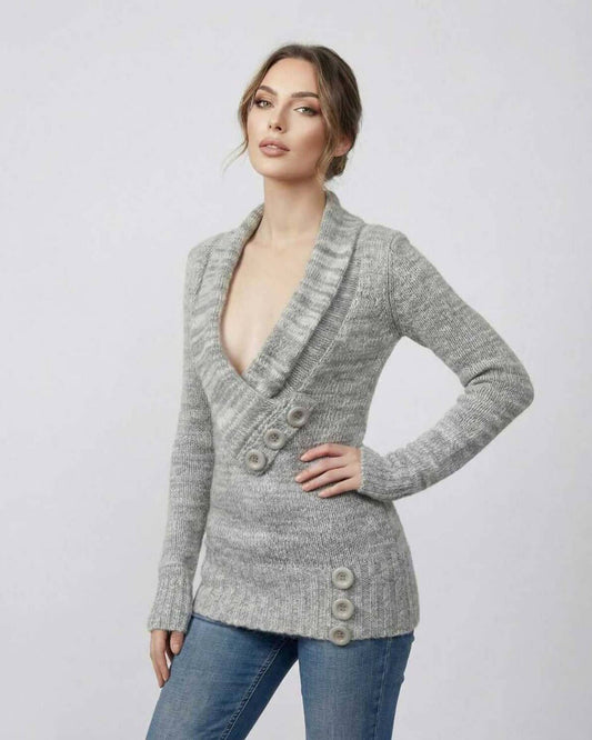 Tima Sweater by RAMBLION, gray V-neck design, soft texture, chic for everyday wear.