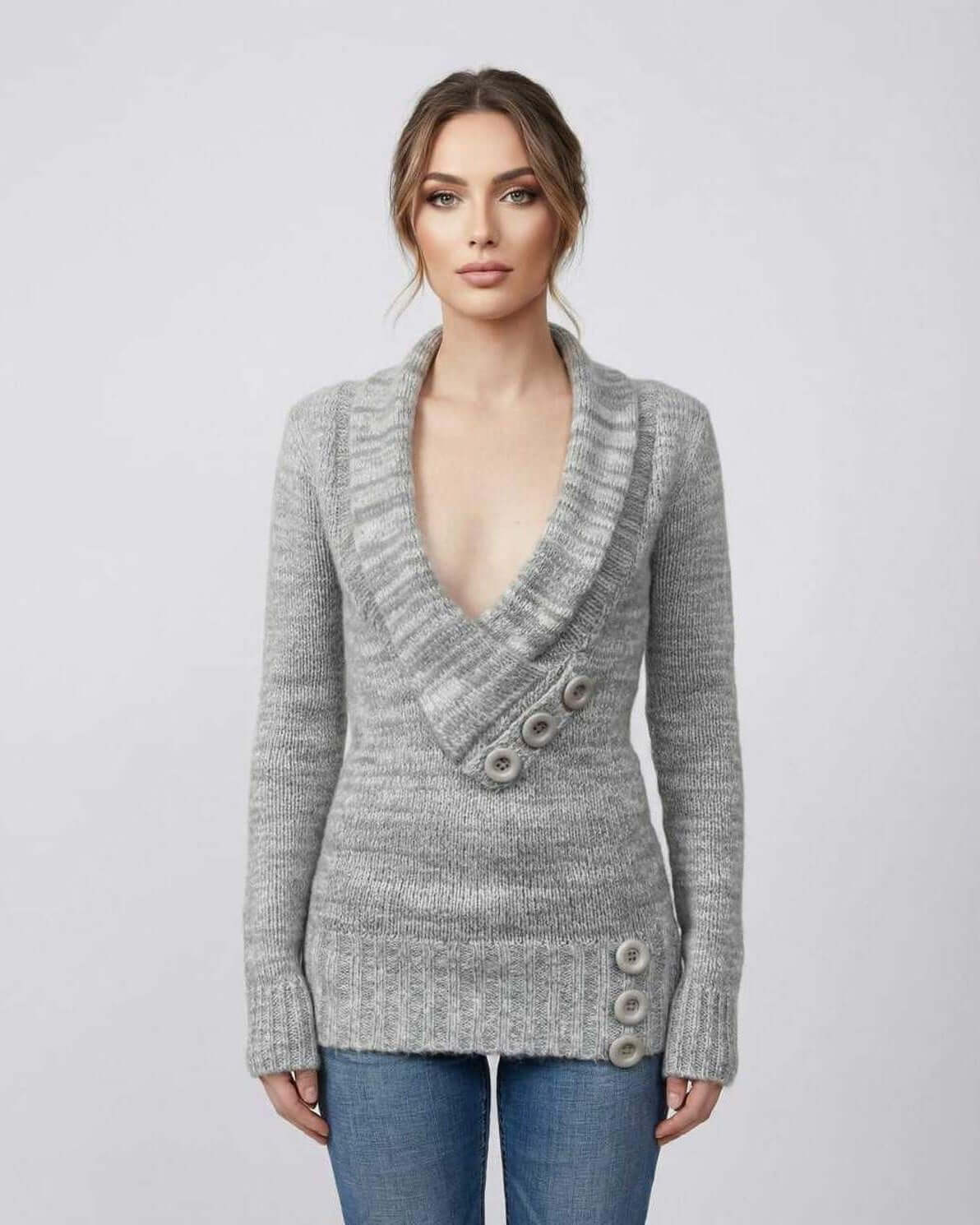 Tima Sweater by RAMBLION, gray V-neck with soft texture, perfect for everyday wear and chic occasions.