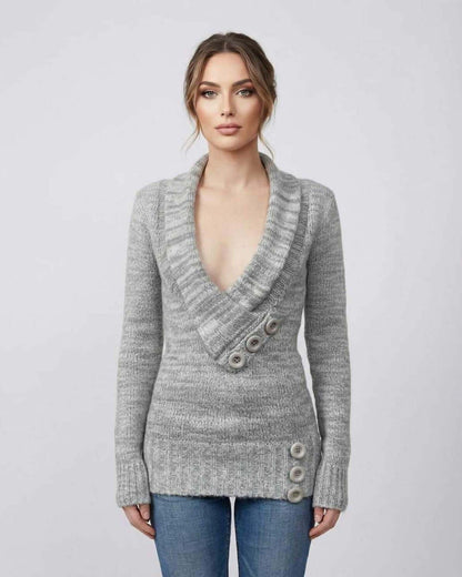 Tima Sweater by RAMBLION, gray V-neck with soft texture, perfect for everyday wear and chic occasions.
