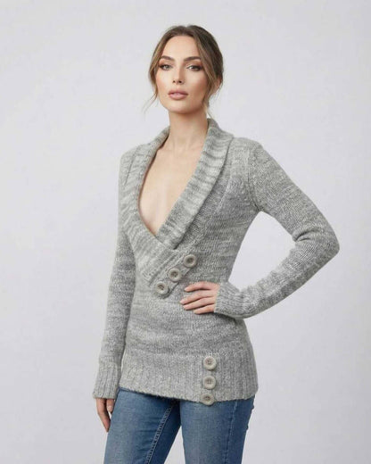 Tima Sweater from RAMBLION, grey V-neck design, chic comfort for everyday wear, perfect for seasonal wardrobe.