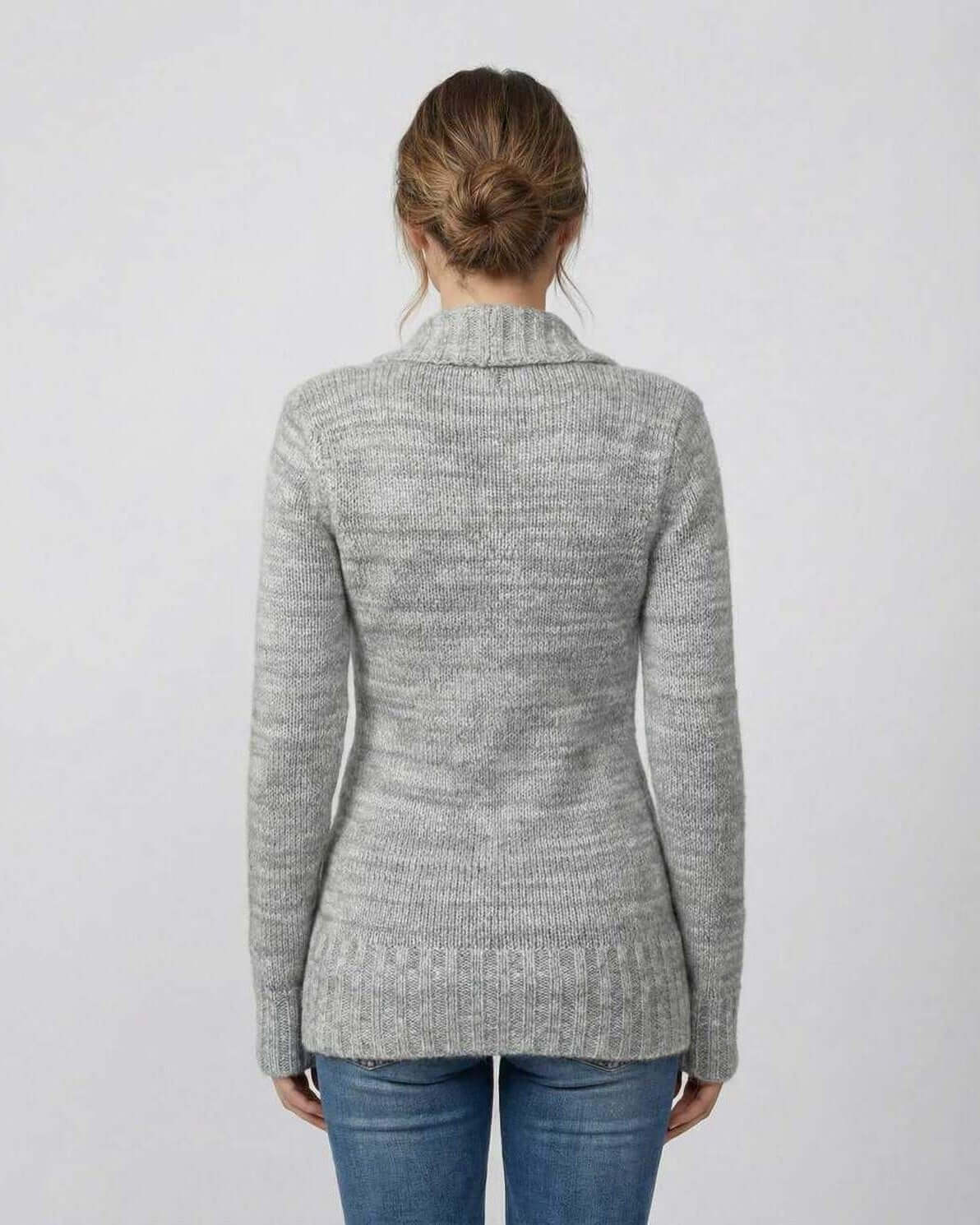 Back view of Tima Sweater by RAMBLION, featuring cozy gray fabric and a structured silhouette for everyday comfort.