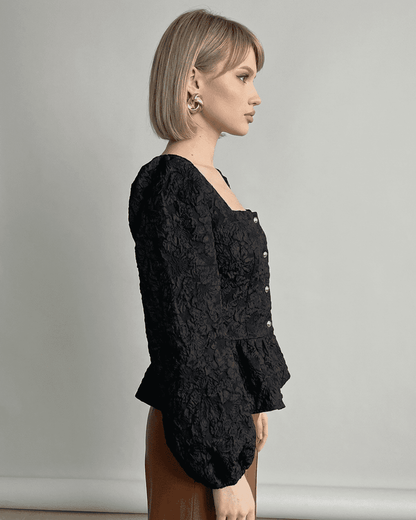 Tina Blouse by RAMBLION, black jacquard blouse with square neck and elegant silhouette, perfect for refined occasions.