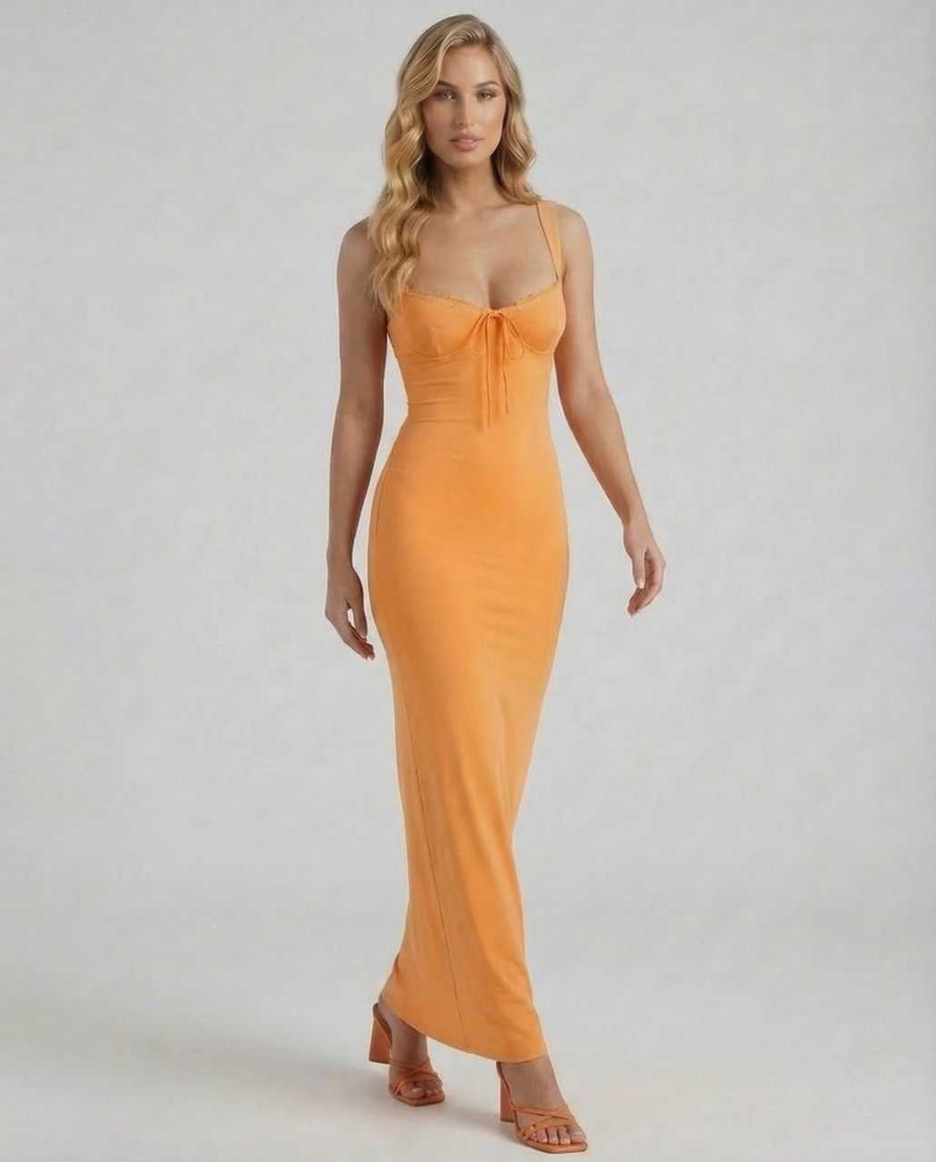 Toa Maxi Dress by RAMBLION, orange ankle-length satin, chic summer elegance, perfect for casual outings.