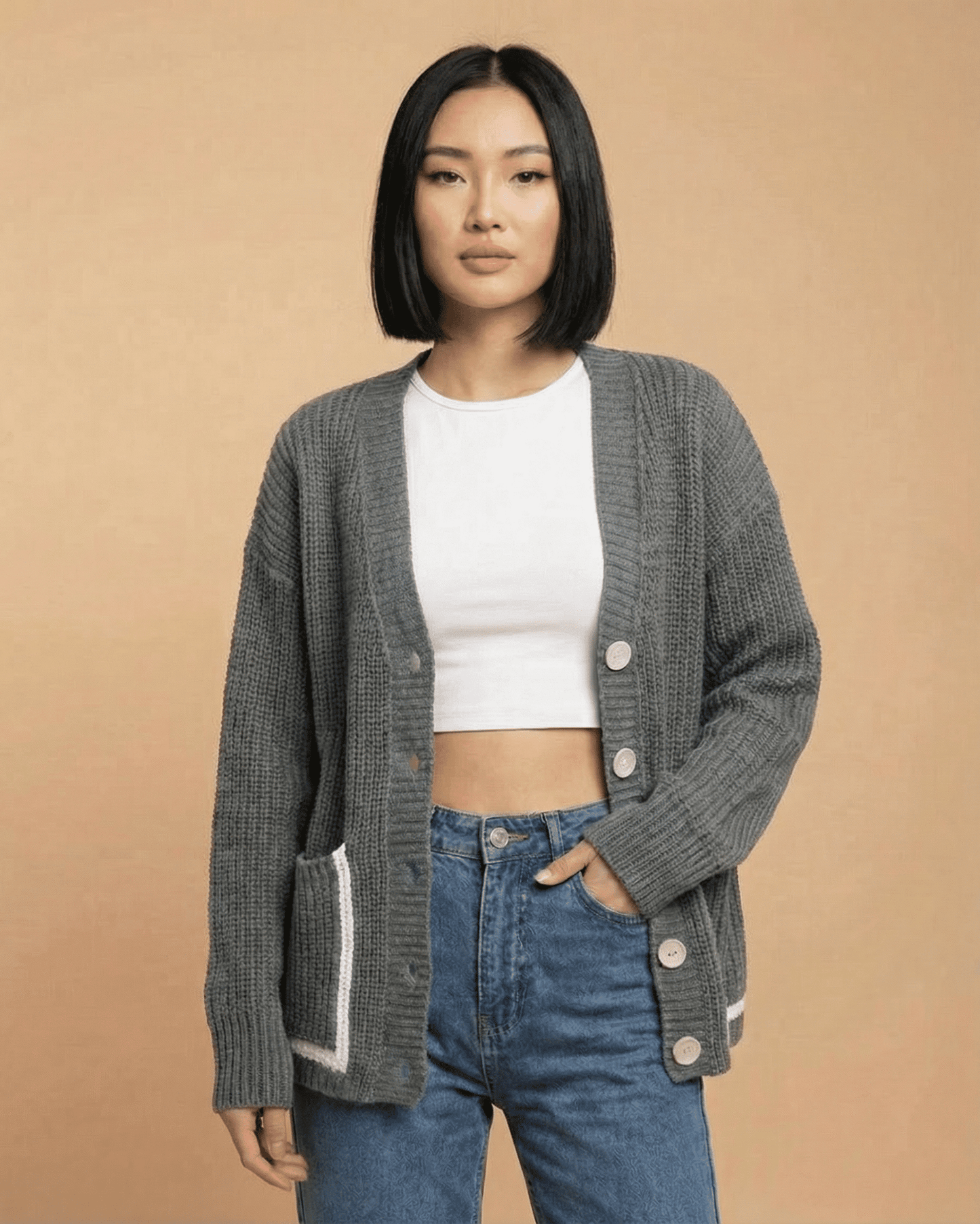 Tora Cardigan by RAMBLION in grey, lightweight, relaxed style, perfect for layering and everyday wear.