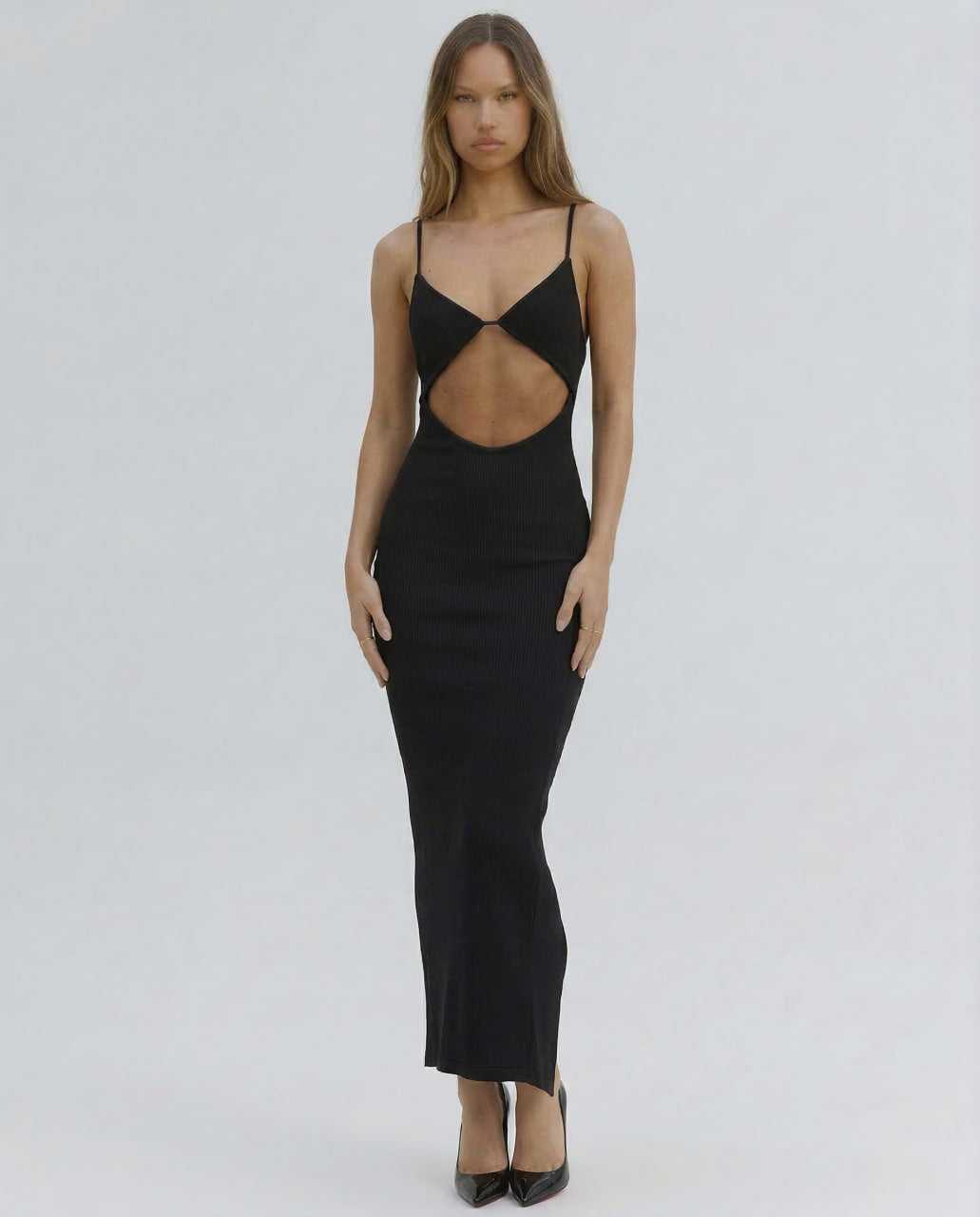 Tora Midi Dress by RAMBLION, black, v-neck, cut-out design, stylish for evenings and special occasions.