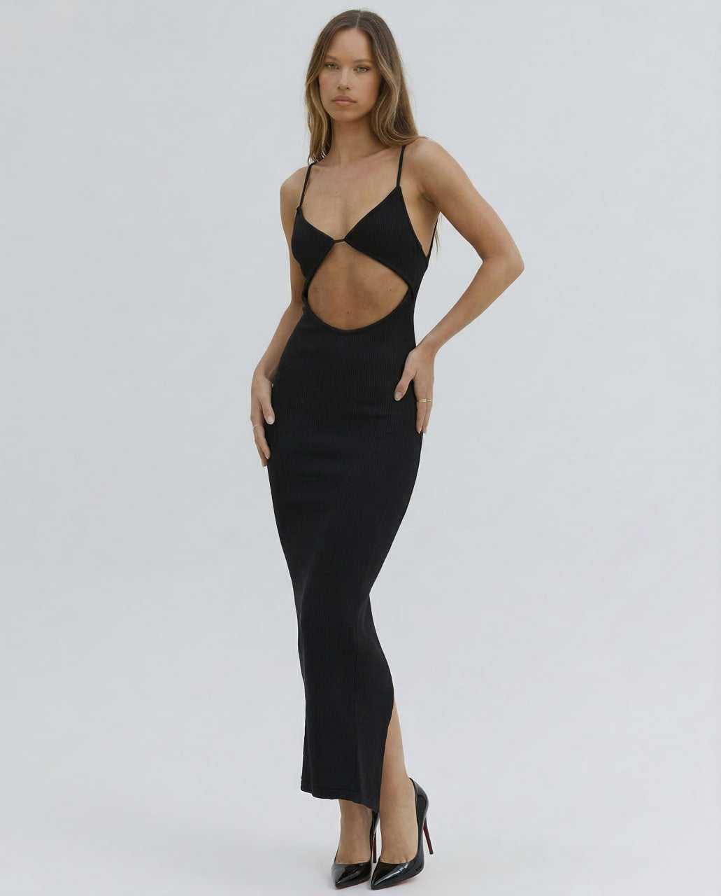Tora Midi Dress featuring a sleek silhouette, edgy cut-out v-neck, and pencil shape, ideal for chic occasions by RAMBLION.