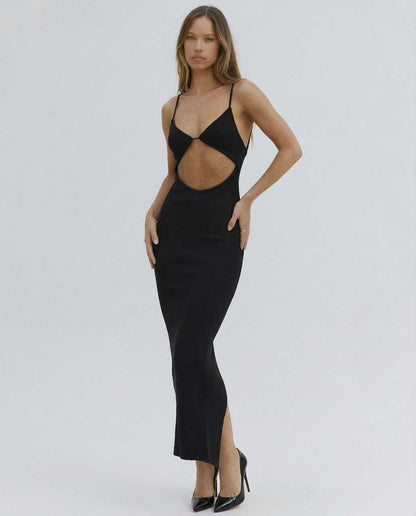 Tora Midi Dress featuring a sleek silhouette, edgy cut-out v-neck, and pencil shape, ideal for chic occasions by RAMBLION.
