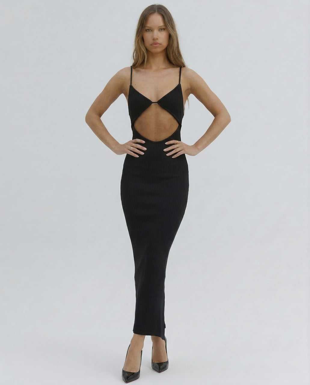 Tora Midi Dress featuring a chic pencil shape, edgy cut-out v-neck, perfect for elevating any occasion - RAMBLION.