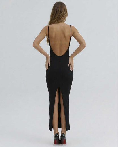 Tora Midi Dress, black back view, v-neck, elegant fit, perfect for evening occasions, RAMBLION brand