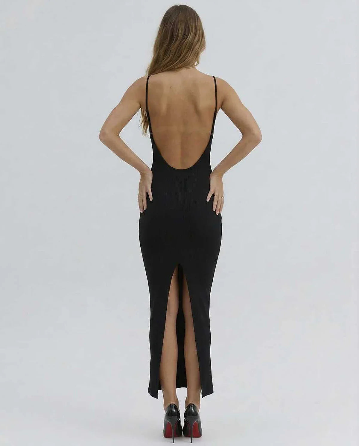 Black Gown V-Neck Sleeveless Midi Dress | Gala Nights, Night Out & Day-to-Night, back view | Ramblion | SKU: OMD-482910376-black-L-4320,OMD-482910376-black-M-9798,OMD-482910376-black-S-1647,OMD-482910376-black-XL-4277,OMD-482910376-black-XS-8859