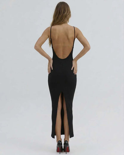 Black Gown V-Neck Sleeveless Midi Dress | Gala Nights, Night Out & Day-to-Night, back view | Ramblion | SKU: OMD-482910376-black-L-4320,OMD-482910376-black-M-9798,OMD-482910376-black-S-1647,OMD-482910376-black-XL-4277,OMD-482910376-black-XS-8859