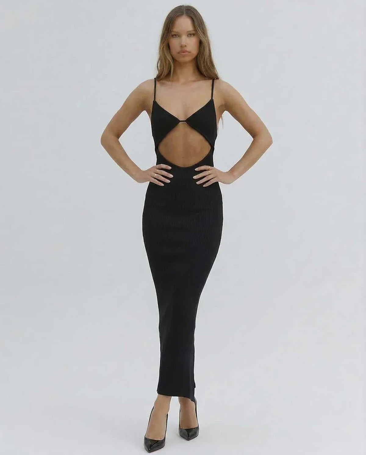 Black Gown V-Neck Sleeveless Midi Dress | Gala Nights, Night Out & Day-to-Night, front view | Ramblion | SKU: OMD-482910376-black-L-4320,OMD-482910376-black-M-9798,OMD-482910376-black-S-1647,OMD-482910376-black-XL-4277,OMD-482910376-black-XS-8859