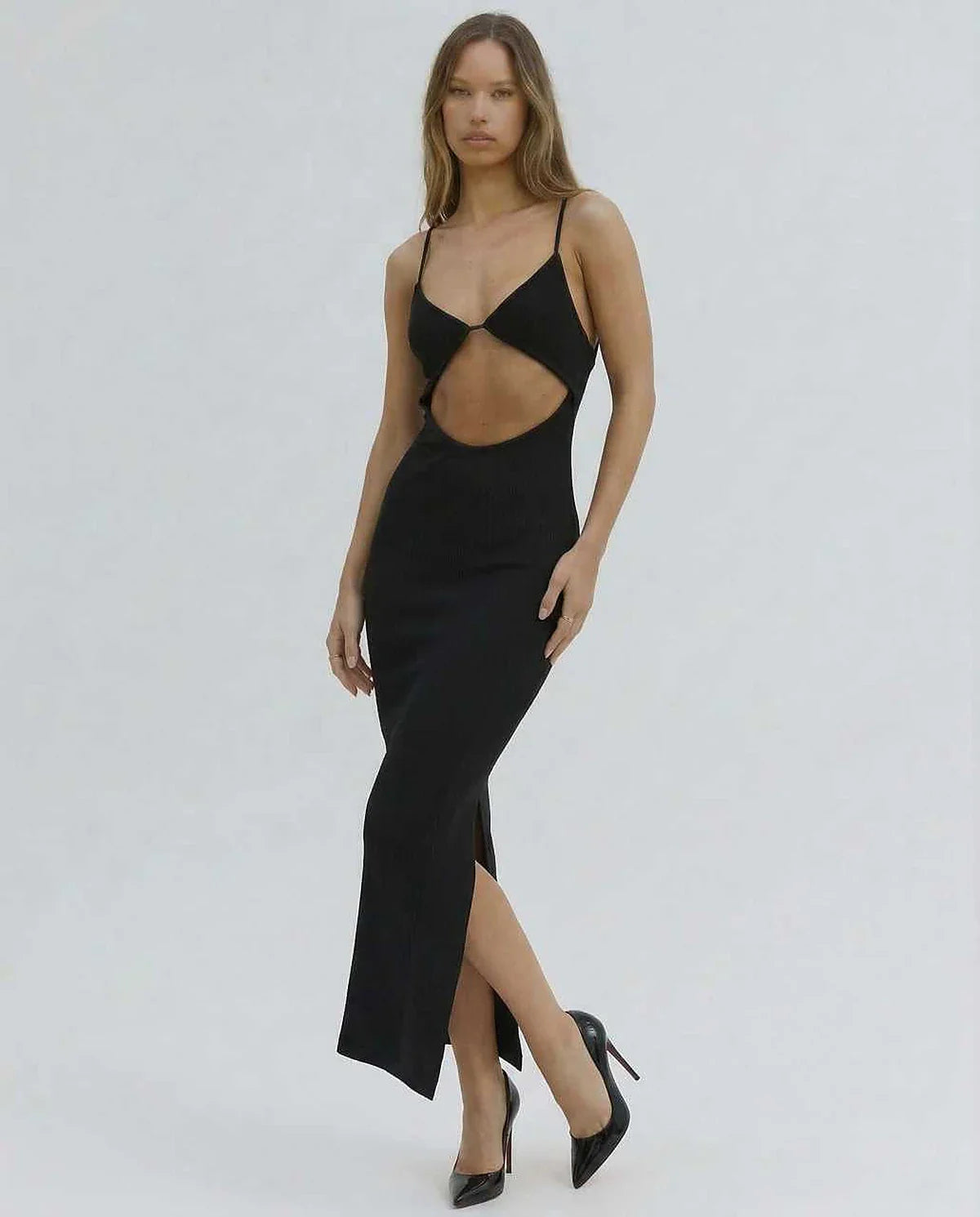 Black Gown V-Neck Sleeveless Midi Dress | Gala Nights, Night Out & Day-to-Night, front view | Ramblion | SKU: OMD-482910376-black-L-4320,OMD-482910376-black-M-9798,OMD-482910376-black-S-1647,OMD-482910376-black-XL-4277,OMD-482910376-black-XS-8859