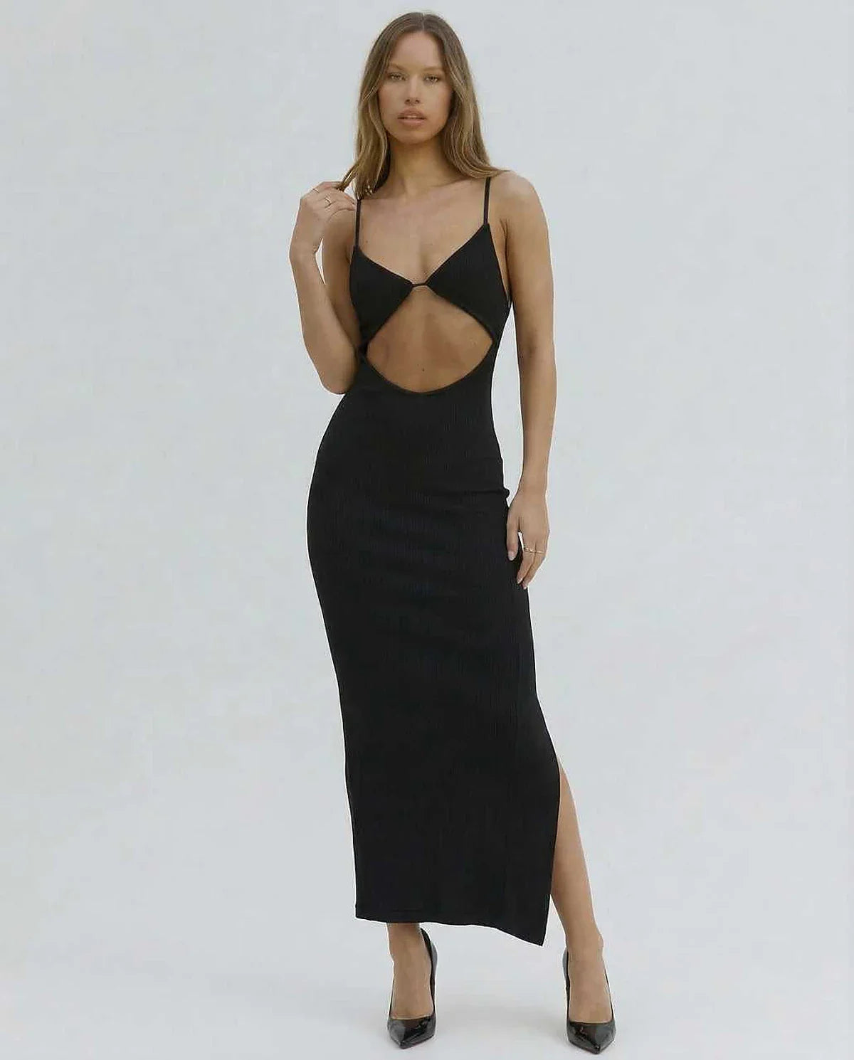 Black Gown V-Neck Sleeveless Midi Dress | Gala Nights, Night Out & Day-to-Night, front view | Ramblion | SKU: OMD-482910376-black-L-4320,OMD-482910376-black-M-9798,OMD-482910376-black-S-1647,OMD-482910376-black-XL-4277,OMD-482910376-black-XS-8859