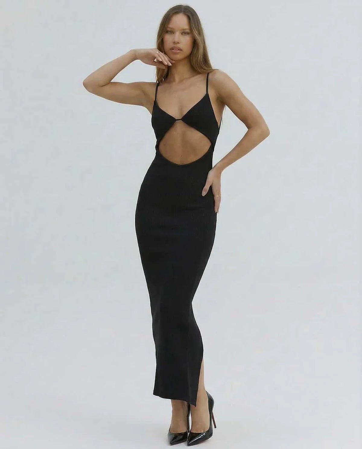 Black Gown V-Neck Sleeveless Midi Dress | Gala Nights, Night Out & Day-to-Night, front view | Ramblion | SKU: OMD-482910376-black-L-4320,OMD-482910376-black-M-9798,OMD-482910376-black-S-1647,OMD-482910376-black-XL-4277,OMD-482910376-black-XS-8859