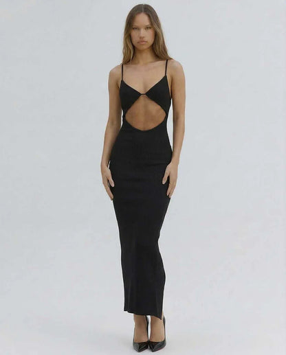 Black Gown V-Neck Sleeveless Midi Dress | Gala Nights, Night Out & Day-to-Night, front view | Ramblion | SKU: OMD-482910376-black-L-4320,OMD-482910376-black-M-9798,OMD-482910376-black-S-1647,OMD-482910376-black-XL-4277,OMD-482910376-black-XS-8859