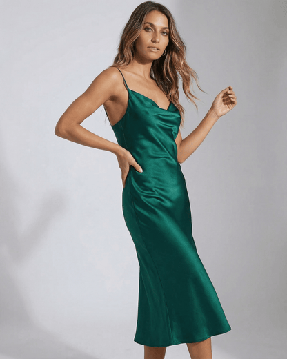 Tova Midi Dress in emerald green satin, cowl neck design; elegant, flattering fit for special occasions by RAMBLION.