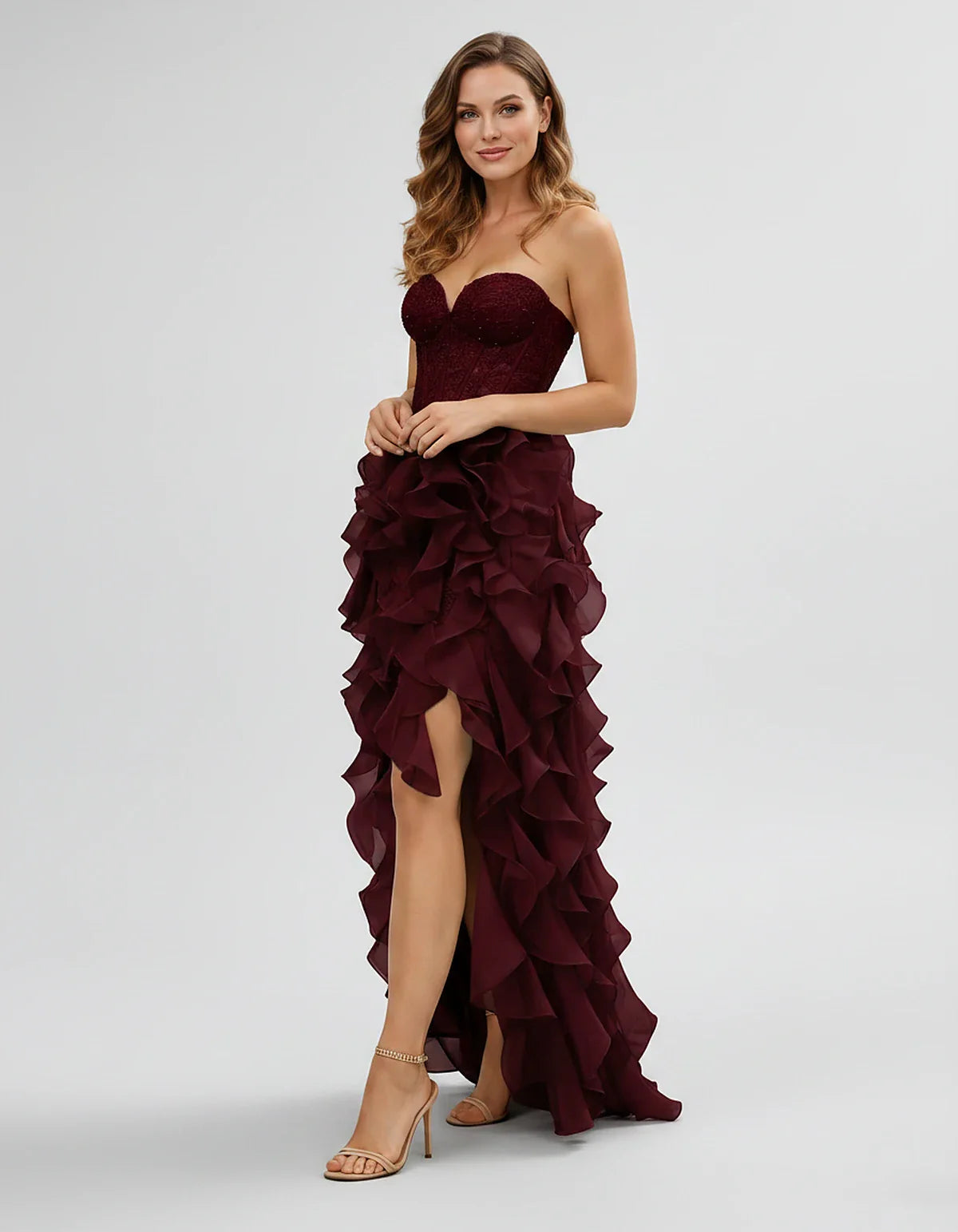 Tulle & Lace Strapless Sweetheart A-Line Maxi Dress for Party, Cocktail, Evening, Wedding Guest, Summer Formal Events, front | SKU: VMD-583920174826531-BURGUNDY-L,VMD-583920174826531-BURGUNDY-M,VMD-583920174826531-BURGUNDY-S,VMD-583920174826531-BURGUNDY-XL,VMD-583920174826531-BURGUNDY-XS