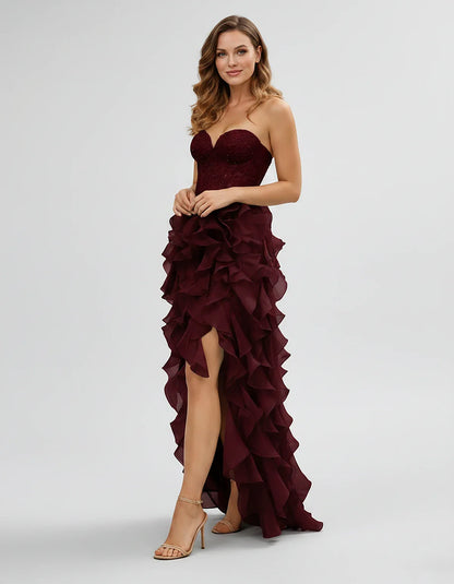 Tulle & Lace Strapless Sweetheart A-Line Maxi Dress for Party, Cocktail, Evening, Wedding Guest, Summer Formal Events, front | SKU: VMD-583920174826531-BURGUNDY-L,VMD-583920174826531-BURGUNDY-M,VMD-583920174826531-BURGUNDY-S,VMD-583920174826531-BURGUNDY-XL,VMD-583920174826531-BURGUNDY-XS