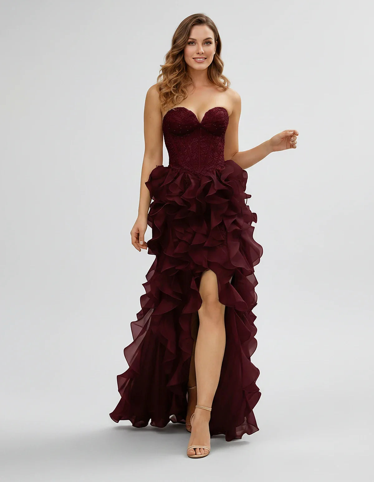 Tulle & Lace Strapless Sweetheart A-Line Maxi Dress for Party, Cocktail, Evening, Wedding Guest, Summer Formal Events, front | SKU: VMD-583920174826531-BURGUNDY-L,VMD-583920174826531-BURGUNDY-M,VMD-583920174826531-BURGUNDY-S,VMD-583920174826531-BURGUNDY-XL,VMD-583920174826531-BURGUNDY-XS