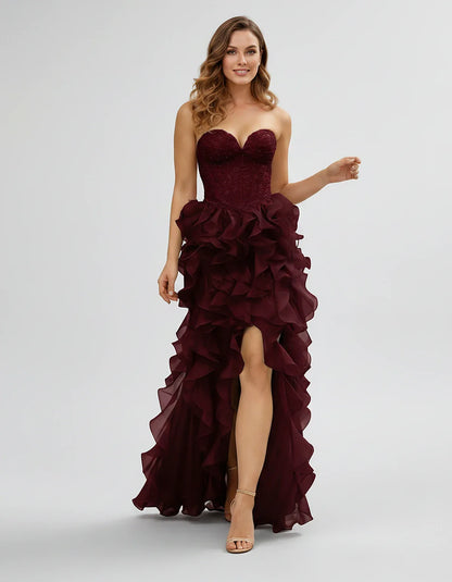 Tulle & Lace Strapless Sweetheart A-Line Maxi Dress for Party, Cocktail, Evening, Wedding Guest, Summer Formal Events, front | SKU: VMD-583920174826531-BURGUNDY-L,VMD-583920174826531-BURGUNDY-M,VMD-583920174826531-BURGUNDY-S,VMD-583920174826531-BURGUNDY-XL,VMD-583920174826531-BURGUNDY-XS