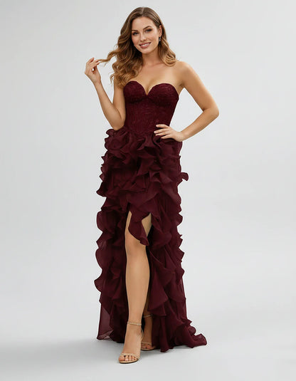 Tulle & Lace Strapless Sweetheart A-Line Maxi Dress for Party, Cocktail, Evening, Wedding Guest, Summer Formal Events, front | SKU: VMD-583920174826531-BURGUNDY-L,VMD-583920174826531-BURGUNDY-M,VMD-583920174826531-BURGUNDY-S,VMD-583920174826531-BURGUNDY-XL,VMD-583920174826531-BURGUNDY-XS