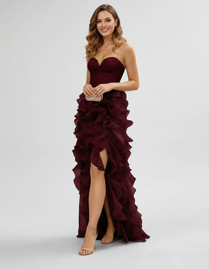 Tulle & Lace Strapless Sweetheart A-Line Maxi Dress for Party, Cocktail, Evening, Wedding Guest, Summer Formal Events, front | SKU: VMD-583920174826531-BURGUNDY-L,VMD-583920174826531-BURGUNDY-M,VMD-583920174826531-BURGUNDY-S,VMD-583920174826531-BURGUNDY-XL,VMD-583920174826531-BURGUNDY-XS