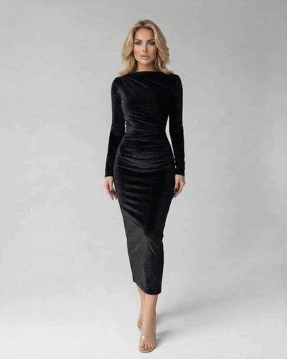 Black Velvet Bodycon Round Neck Long Sleeve Midi Dress | Gala Nights & Evening Parties, front view | Ramblion | SKU: VMD-527416839-black-L-1662,VMD-527416839-black-M-9832,VMD-527416839-black-S-3269,VMD-527416839-black-XL-1099,VMD-527416839-black-XS-5206