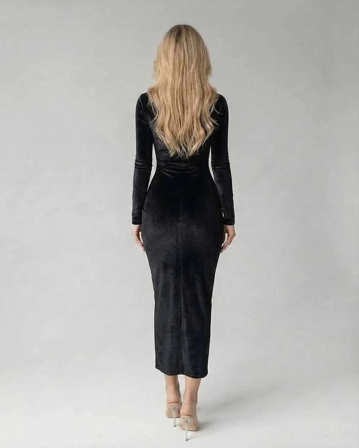 Black Velvet Bodycon Round Neck Long Sleeve Midi Dress | Gala Nights & Evening Parties, back view | Ramblion | SKU: VMD-527416839-black-L-1662,VMD-527416839-black-M-9832,VMD-527416839-black-S-3269,VMD-527416839-black-XL-1099,VMD-527416839-black-XS-5206