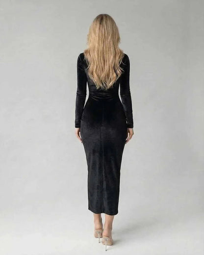 Black Velvet Bodycon Round Neck Long Sleeve Midi Dress | Gala Nights & Evening Parties, back view | Ramblion | SKU: VMD-527416839-black-L-1662,VMD-527416839-black-M-9832,VMD-527416839-black-S-3269,VMD-527416839-black-XL-1099,VMD-527416839-black-XS-5206