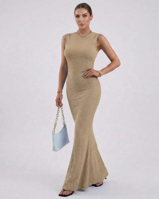 Tuma Maxi Dress in beige, ankle-length, elegant fit, perfect for any occasion, by RAMBLION.