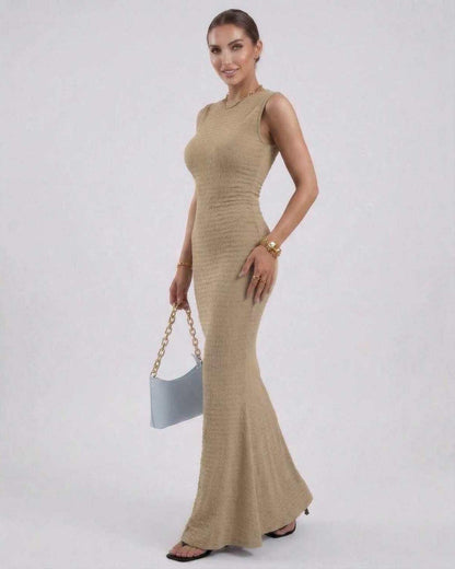 Tuma Maxi Dress in beige, ankle-length, elegant design by RAMBLION, 100% polyester satin, perfect for any occasion.