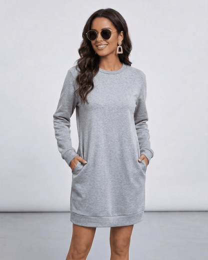 Tuma Mini Dress in grey, 100% cotton, round neck, stylish and comfortable for casual outings, RAMBLION brand.