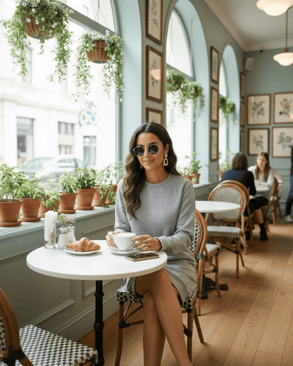 Tuma Mini Dress worn in a cozy café featuring relaxed style, perfect for casual outings, designed by RAMBLION.