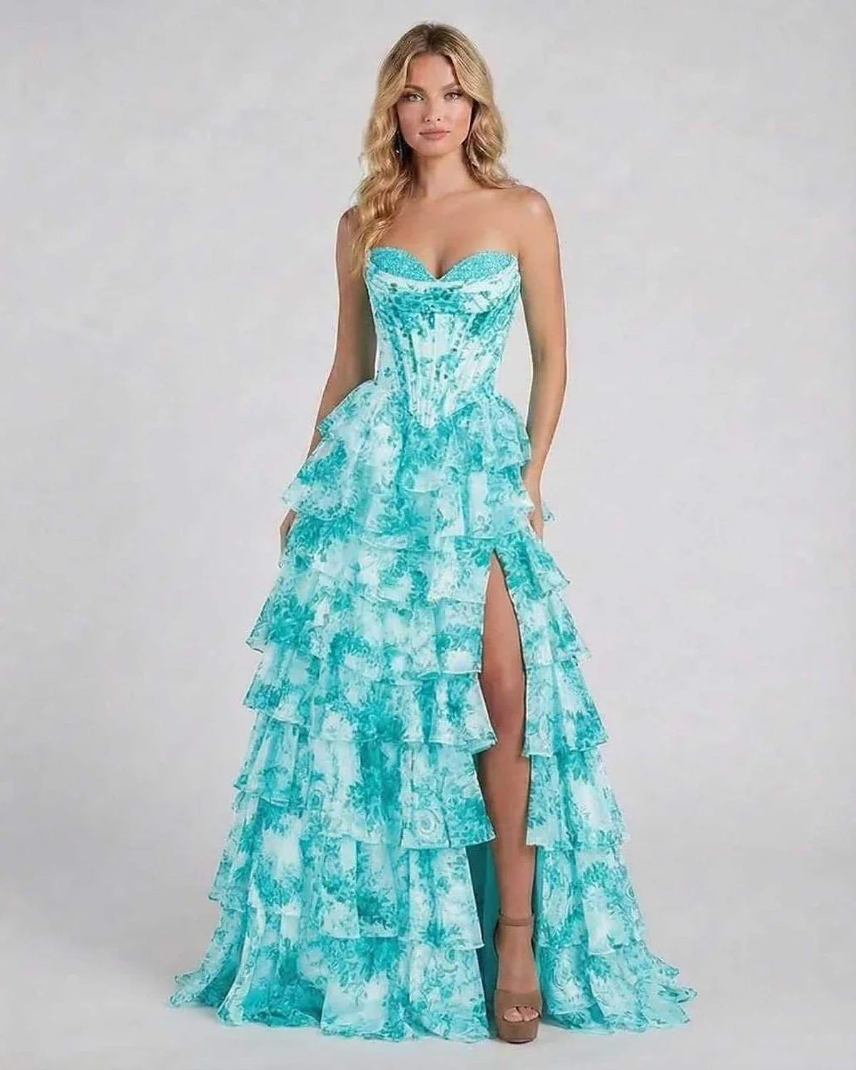 Turquoise Satin Gown Strapless Maxi Dress | Wedding Guest, front view | Ramblion | SKU: AMD-742951638-turquoise-L-2345,AMD-742951638-turquoise-M-9835,AMD-742951638-turquoise-S-4936,AMD-742951638-turquoise-XL-6874,AMD-742951638-turquoise-XS-9904