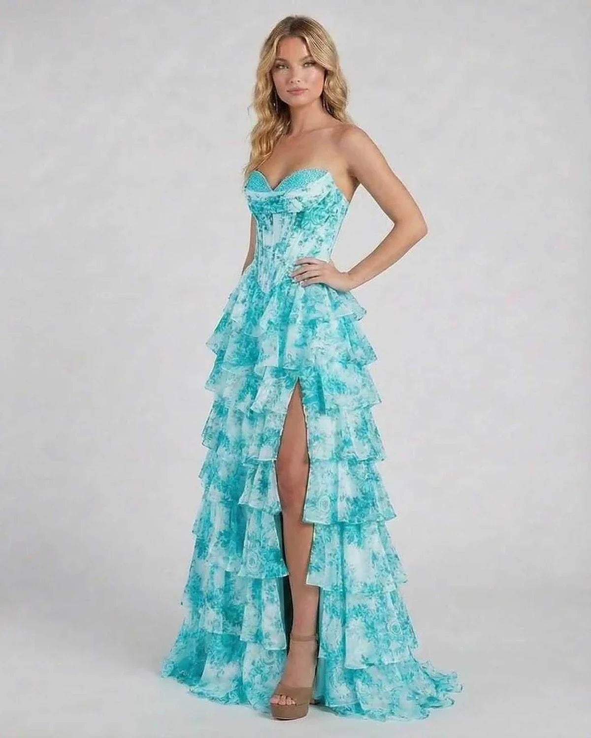Turquoise Satin Gown Strapless Maxi Dress | Wedding Guest, front view | Ramblion | SKU: AMD-742951638-turquoise-L-2345,AMD-742951638-turquoise-M-9835,AMD-742951638-turquoise-S-4936,AMD-742951638-turquoise-XL-6874,AMD-742951638-turquoise-XS-9904
