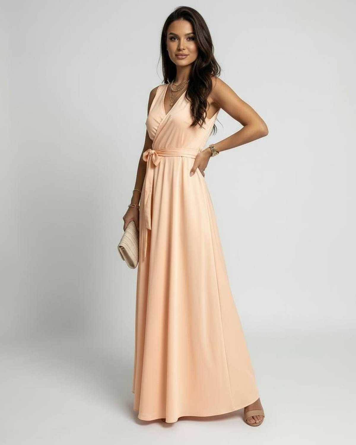 Udon Maxi Dress in peach color, featuring a V-neck and flowing design, perfect for elegant occasions by RAMBLION.