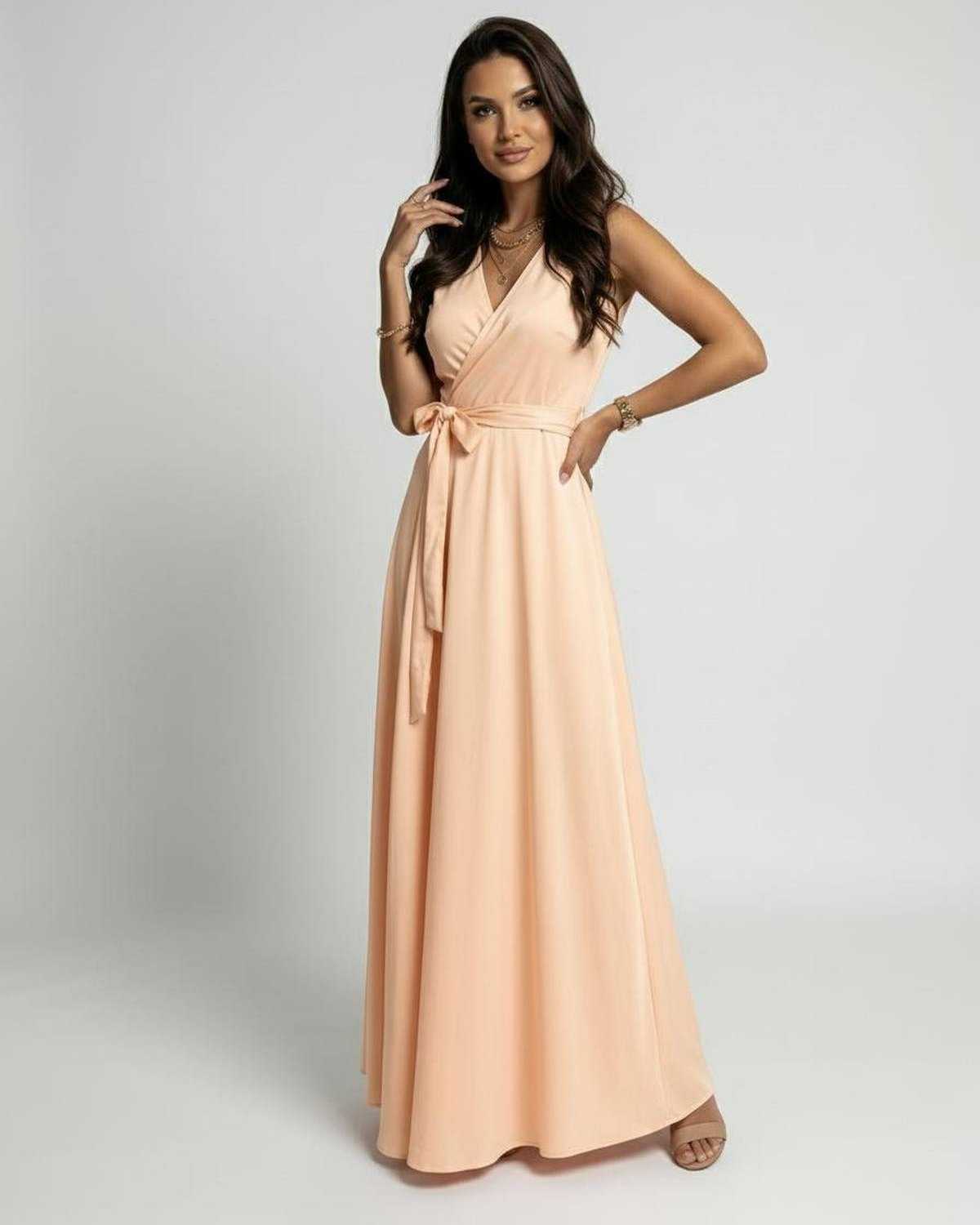 Udon Maxi Dress in peach, V-neck, ankle-length, flowing fabric, perfect for special occasions, by RAMBLION.