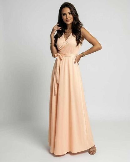 Udon Maxi Dress in peach, V-neck, ankle-length, flowing fabric, perfect for special occasions, by RAMBLION.