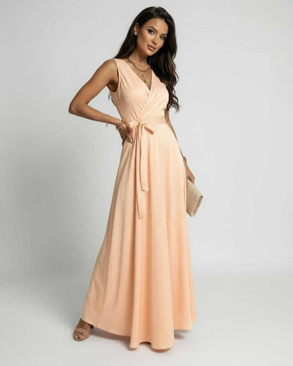 Udon Maxi Dress in soft peach, V-neck, elegant fit, flowing maxi length, perfect for special occasions, by RAMBLION.