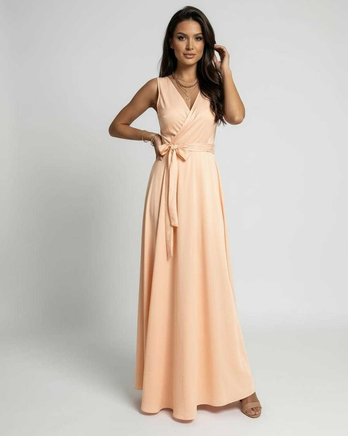 Udon Maxi Dress in soft peach, elegant V-neck, flowing design, perfect for special occasions, by RAMBLION.