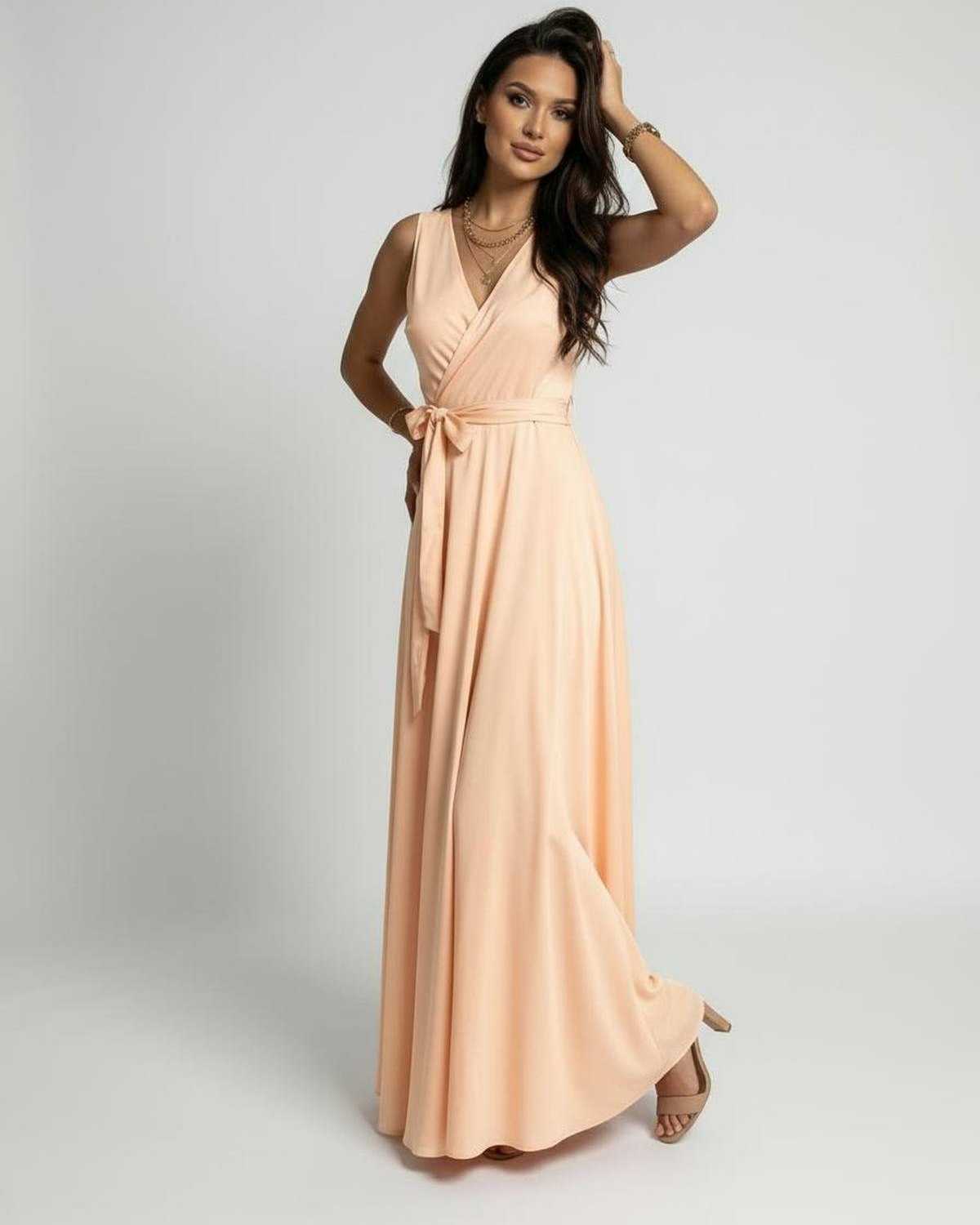Udon Maxi Dress in soft peach, featuring a V-neck, waist tie, perfect for special occasions by RAMBLION.
