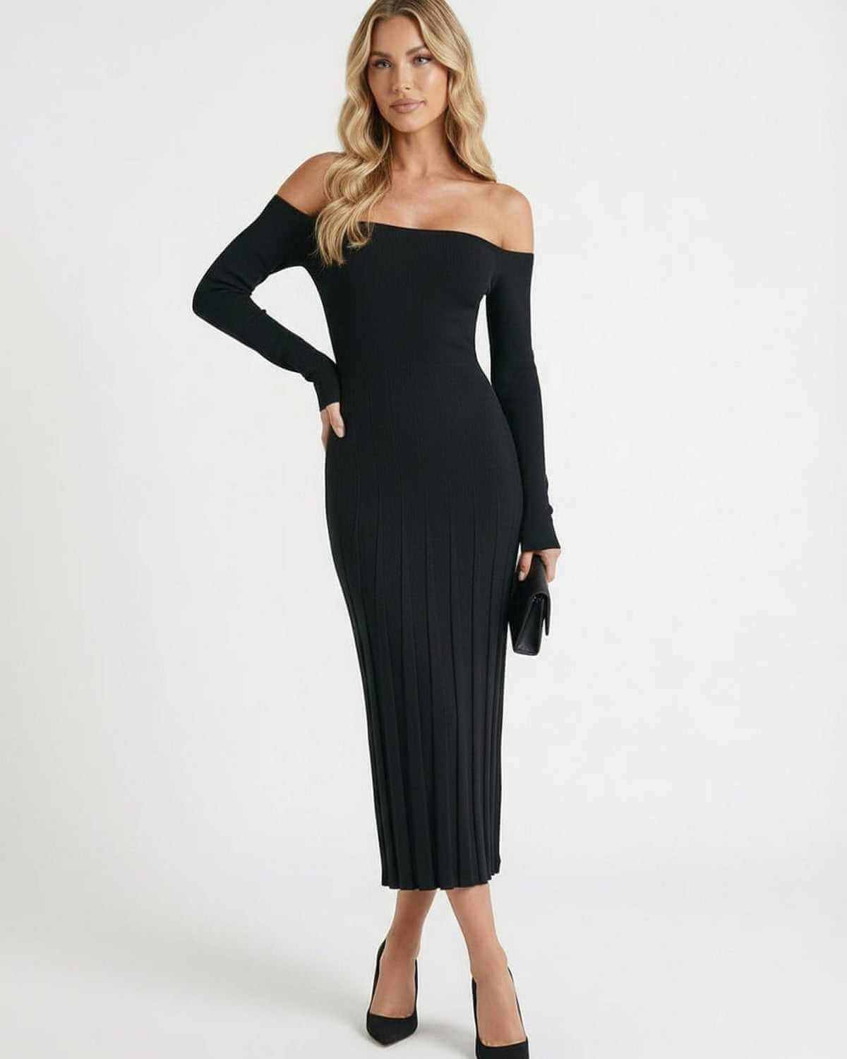Udre Midi Dress, black off-shoulder, sleek silhouette, modern luxury, perfect for any occasion by RAMBLION.