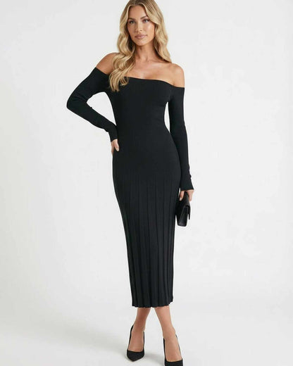 Udre Midi Dress, black off-shoulder, sleek silhouette, modern luxury, perfect for any occasion by RAMBLION.