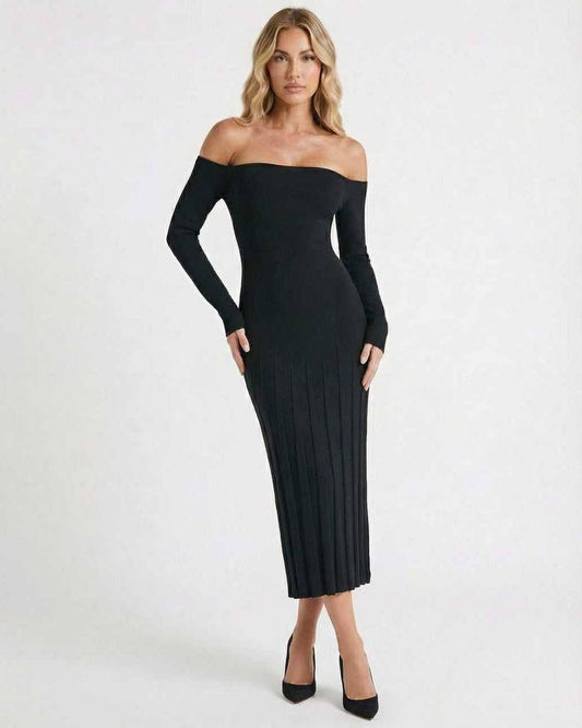 Udre Midi Dress in black, off-shoulder design, sleek silhouette, perfect for elegant occasions, by RAMBLION.
