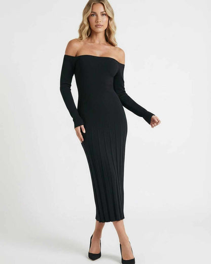 Udre Midi Dress by RAMBLION, black off-shoulder dress, modern elegance, perfect for any occasion.