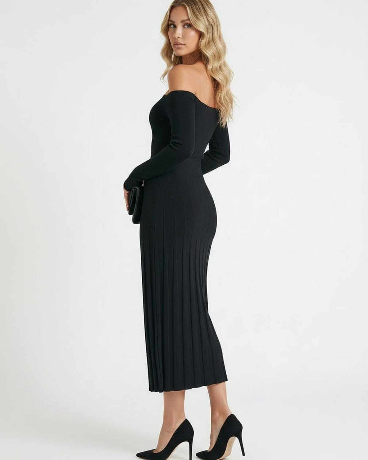 Udre Midi Dress in black, off-shoulder, elegant design, modern luxury, perfect for any occasion by RAMBLION.
